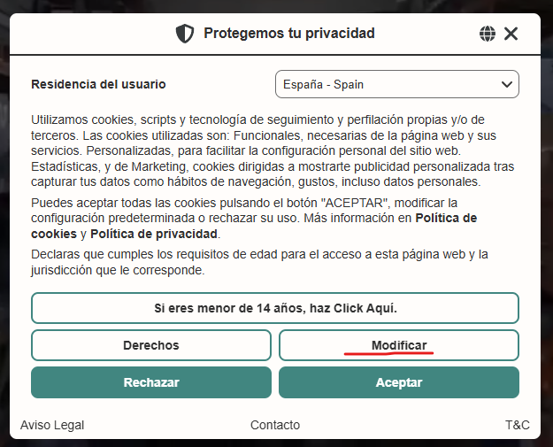 Pantalla de modificación de cookies